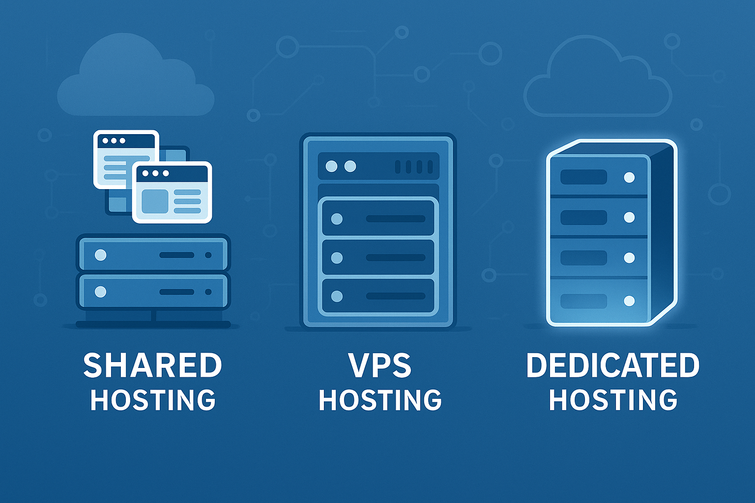 shared hosting, VPS hosting, and dedicated hosting